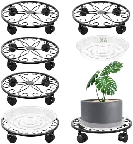 6 Pack Metal Plant Stand with Wheels 12 Inch Plant Caddy with Wheels Heavy Duty Wrought Iron Rolling Plant Stand Plant Dolly Plant Rollers Plant Cart Plant Mover with 6 Pack Plant Saucers by Unknown