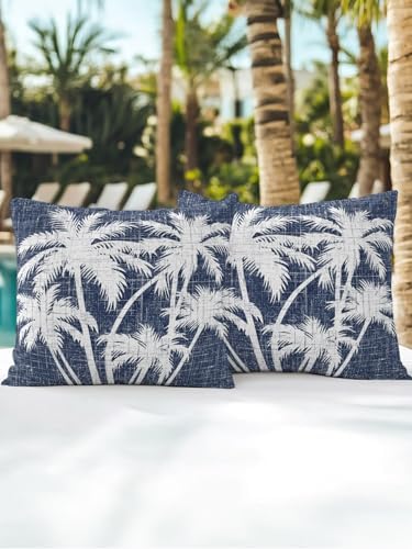 Throw Pillows 16x16 Set of 2, Tropical Palm Tree Waterproof Outdoor Pillow Covers with Insert, Vintage Dark Blue Exotic Botanical Plants Decorative Pillowcase Cushion for Patio, Garden, Couch - Image 7