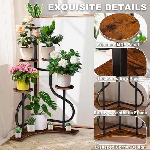 6-Tier Corner Plant Stand, Indoor Plant Stand with L-shaped Base, Aesthetic Metal Plants Shelf for Multiple Plants Flower Pot, MDF Outdoor Plant Holder for Patio Balcony (Rustic Brown) - Image 6