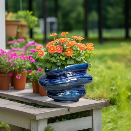 Ceramic Pots for Plants - 10.6 Inch Ceramic Planter with Drainage Hole, Decorative Planters for Indoor Outdoor, Unique Flower Pots, Garden Office House Decor, Birthday Housewarming Gifts, Blue - Image 2