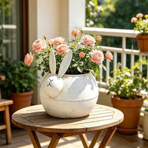 Rustic Metal Bunny Flower Pot, Distressed White Metal Rabbit Succulent Planter, Cute Planter Pot for Indoor Outdoor Home Garden Decor, Farmhouse Bunny Plant Holder - Image 3