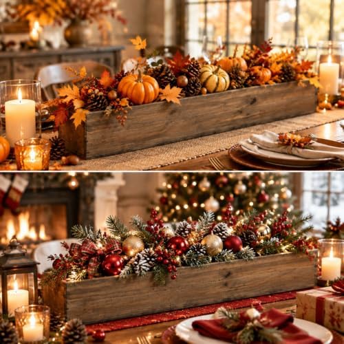 Dandat 6 Set Wood Boxes for Centerpieces 28x5 Inch Rectangle Wooden Planter Box Rustic Wooden Planters with Removable Plastic Liner Floral Foam Blocks for Christmas Wedding Home Garden Decor(Brown) - Image 6