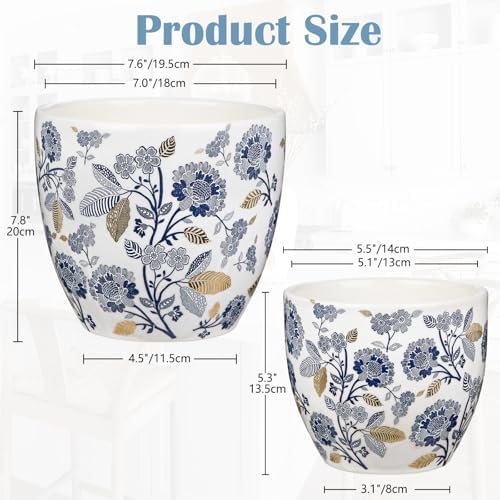 Decorative Flower Pots Blue and White Plant Pot Gold Accent Ceramic Planters for Indoor Plants Pots with Drainage Retro Planter Pot for Succulents Cactus Herb Snake Plants Outdoor Garden, 7.6/5.5 Inch - Image 2