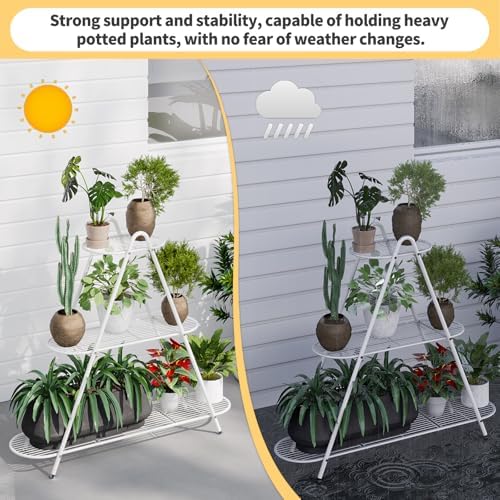 Plant Stand for Patio, 3-Tier Metal Plant Shelf–Indoor/Outdoor Display Rack for Multiple Pots, Heavy Duty Plants, Garden Flower Organizer (White) - Image 5