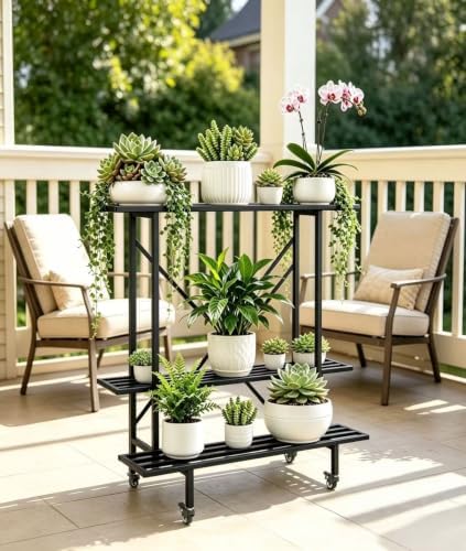 Zhongma 3 Tier Metal Heary Duty Plant Stand with Wheels, 35.43 L x 17.5 W x 38.6H . Space saving Plant Stand - Image 4
