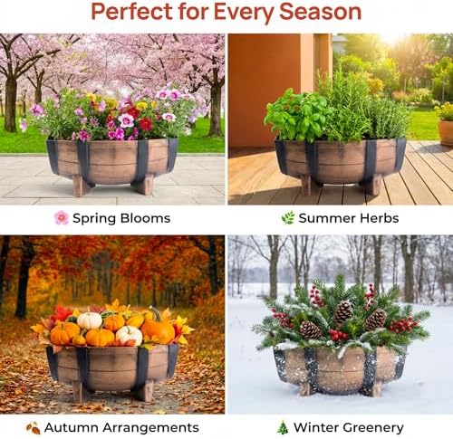 Gardenised 2-Piece Rectangular Half Barrel Flower Pots Rustic Farmhouse Style Faux Wood Planter Containers for Indoor & Outdoor Use Perfect for Displaying Decorative Garden Florals Herbs & Succulents - Image 6