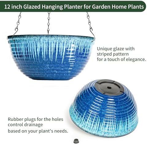 12 Inch Glazed Hanging Planters for Indoor Outdoor Plants, Hanging Baskets - Image 3