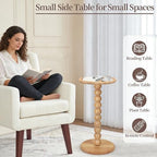 Drink Table, Boho Rattan Small Round Side Table for Small Spaces, Solid Wood Circle End Table for Living Room, Pedestal Table for Couch, Bedroom, Corners, Natural - Image 3