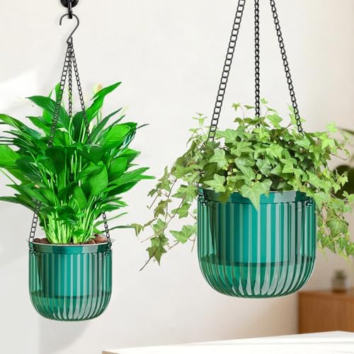 Halatool 2 Pack Self-Watering Hanging Planters for Indoor Plants, 6.5" & 8.3" Outdoor Flower Pots with Drainage Holes, Visible Water Level Indicator for Wall, Garden, Home Decor (Peacock Green) by HALATOOL