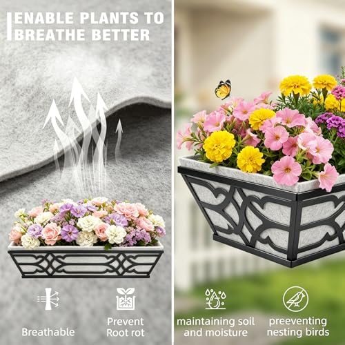 Window Planter Box, Railing Planter Box with Non-Woven Fabric Liners, 4 Pack 24" Hanging Flower Baskets for Outdoor Plants, Metal Deck Railing Planters with Adjustable Brackets, Apartment Balcony - Image 4