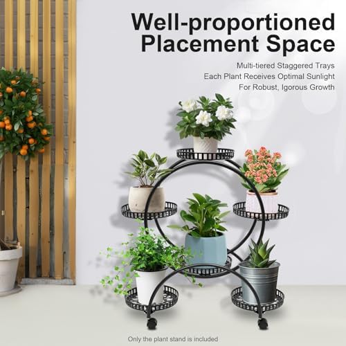 Metal Plant Stands 6 Pots Plants Flower Holder 4 Tier Display Shelf Rack with Wheels for Patio Garden Yard Home Decor Indoor And Outdoor, Round Black - Image 2