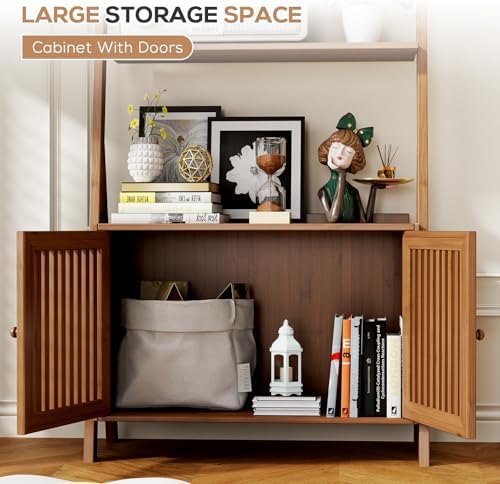 Bookcase with Drawers, Ladder Shelf 4-Tier Bamboo Bookshelf with 6 Hooks - Image 6