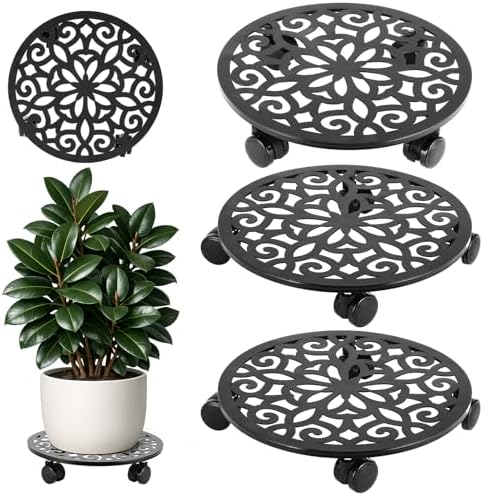 Plant Caddy with Wheels, 3 Pack 12” Rolling Plant Stand Plant Rollers Heavy Duty Plant Dolly with Casters Indoor & Outdoor Wrought Iron Metal Plant Tray with Lockable Wheels for Large Flower Pots by Unknown