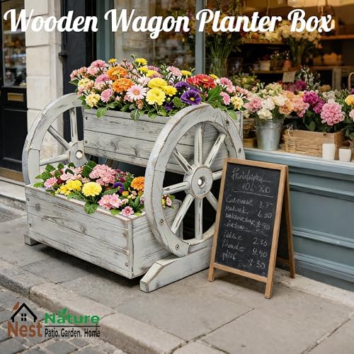 NestNature Wooden Wagon Planter Box|Raised Garden Bed W/Wheels for Plants - Image 2