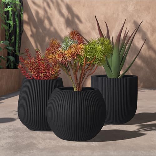 16" Sphere Fluted Outdoor Planter, Black,Modern Round Plant Pot - Image 4