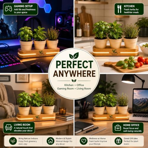 Wooden Indoor Herb Garden Kit with LED Grow Light - Modern Countertop Planter for Kitchen Decor, Unique Gardening Gift for Women & Beginners, 3 Pot Indoor Planting Starter Set - Image 4