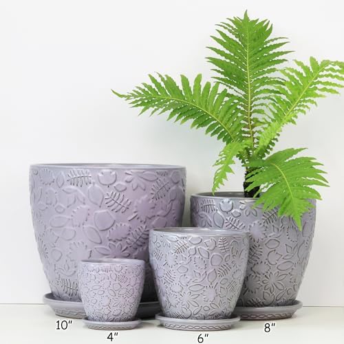 8 Inch + 6 Inch Retro Ceramic Planter Set of 2 with Drainage Hole and Saucer for Multiple Plants, Indoor-Outdoor Garden Pots for Succulent, Orchid, and Flower (Retro Purple) - Image 5