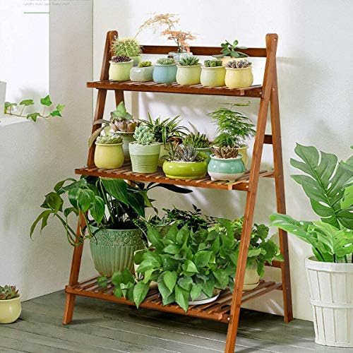 GIANTEX Foldable Bamboo Ladder Plant Stand, 3 Tier Plant Shelf, Brown - Image 2
