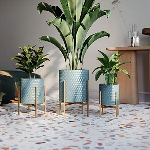 EverNest Mid-Century Modern Rhys Honeycomb Embossed Planter Pot with Loki Gold Stand, Metal Indoor Plant Pots, Blue Green Bohemian Style (Set of 3) - Image 2