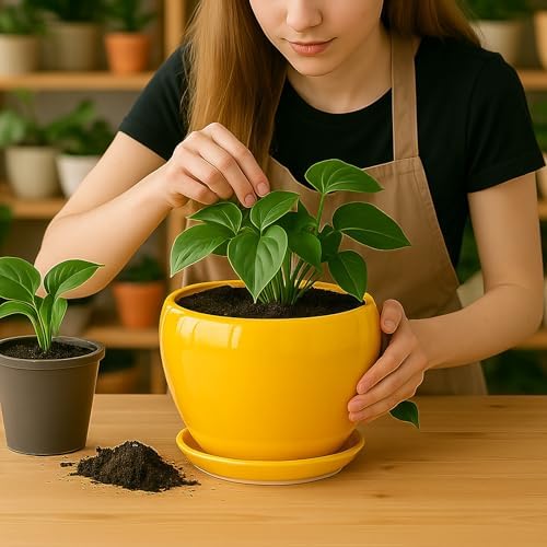 Deep Dream 8 Inch Plant Pots- Ceramic Pots for Plants with Drainage Hole and Saucer, Large Planter Pot for Indoor Plants Outdoor Decor, Yellow - Image 6