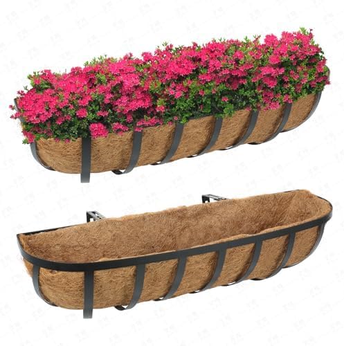 Window Boxes Planters Railing Planter Box with Adjustable Brackets for Porch Fence Patio Balcony Hanging Flower Baskets with Coco Liners for Outdoor Garden Décor (24 Inch / 2 Packs) by Unknown
