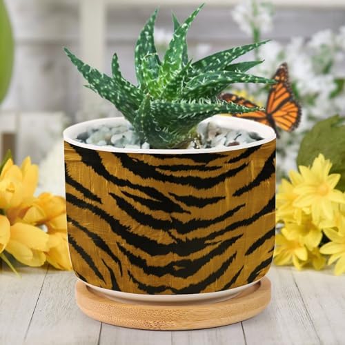 Tiger Fur Skin Planter Ceramic Animal Strip Print Round Flower Pot with Drainage Holes and Bamboo Tray Pot for Outdoor Garden Home Plant - Image 6