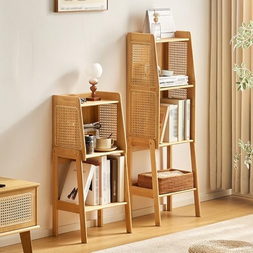 Ladder Shelf Bamboo Ladder Shelf Bookshelf Rack Floor Rattan Bookcase Cabinet Bedroom Bedside Storage Locker for Living Room, Bathroom, Study, Office Ladder Bookcase(Natural,Small) - Image 5