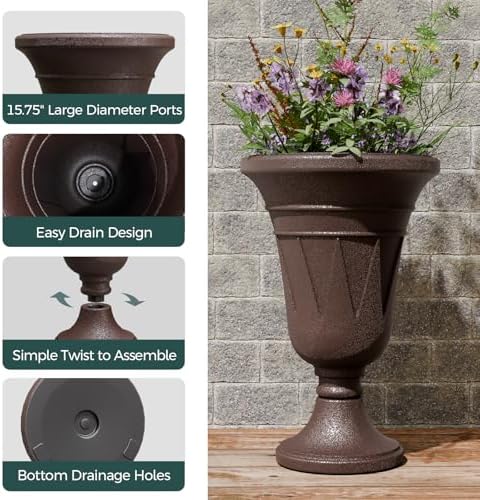 Tall Plastic Urn Planters and Pedestal - 24" Outdoor Planter Brown - Image 3