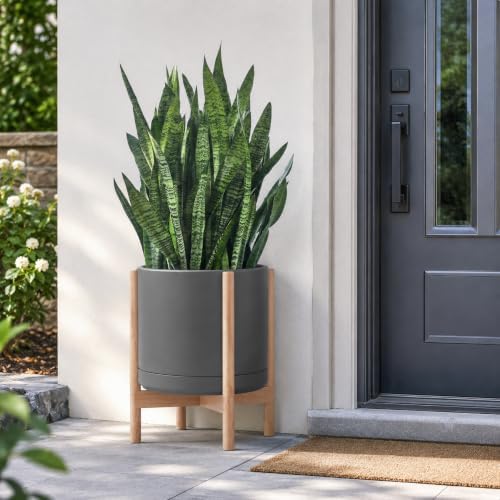D'vine Dev Ceramic Pot with Natural Wood Stand, Grey, 14 in, 55-B-R-3 - Image 7