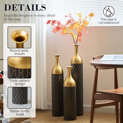 Tall Floor Vases Set of 3 for Decor Living Room Floor, Black and Gold Vases Home Decor, Embossed Body Pattern, 34.25" H/30.31" H/24.8" H Geometric Cylinder (Gold 8) - Image 3