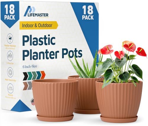 Terracotta 6-Inch Plant Pots with Drainage & Saucers 18 Pack, Indoor & Outdoor Planters for Houseplants, Herbs, and Flowers, Durable & Weatherproof Material, Stackable, Lightweight, Minimalist Design by LIFEMASTER