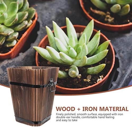 YARDWE Wood Barrel Flower Pot Planter: Whiskey Barrel Planter Outdoor Indoor Vintage Flower Container for Home Room Office Garden Plant Holders 27x21cm Whiskey - Image 2