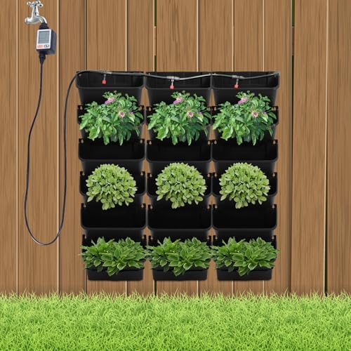 18 Pots Vertical Garden Planter, 6 Tiers Self-Watering Wall-Mounted Flower Pot Bags,Vertical Wall Planter w/Timer&18pcs Plant Pots, Hanging Planter Rack Balcony Planter for Herb (Black) - Image 3