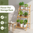 37.8" Foldable Plant Shelf Ladder Shelf,3 Tier Bamboo Ladder Flower Pot Display Shelf,Space-Saving Plant Organizer for Indoor Outdoor Home Patio Lawn,Easy Assembly Beign - Image 5