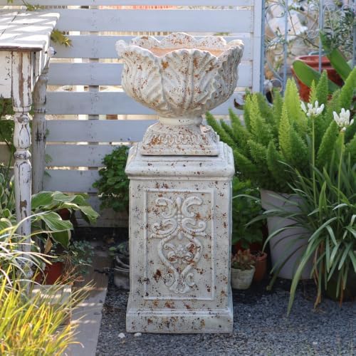 VISIBLE Vintage Cement Urn Planter with Ornate Pedestal Base, Rustic White, 14.2 x 31 Inch, Indoor/Outdoor (Rustic, Bundle) - Image 5