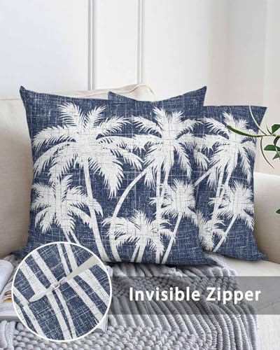 Throw Pillows 16x16 Set of 2, Tropical Palm Tree Waterproof Outdoor Pillow Covers with Insert, Vintage Dark Blue Exotic Botanical Plants Decorative Pillowcase Cushion for Patio, Garden, Couch - Image 5