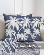Throw Pillows 16x16 Set of 2, Tropical Palm Tree Waterproof Outdoor Pillow Covers with Insert, Vintage Dark Blue Exotic Botanical Plants Decorative Pillowcase Cushion for Patio, Garden, Couch - Image 5