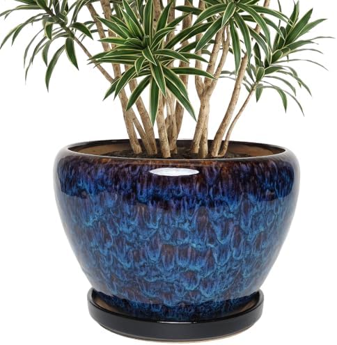 10.6 Inch Ceramic Planter with Saucer for Indoor Plants (Speckled Blue) by Unknown
