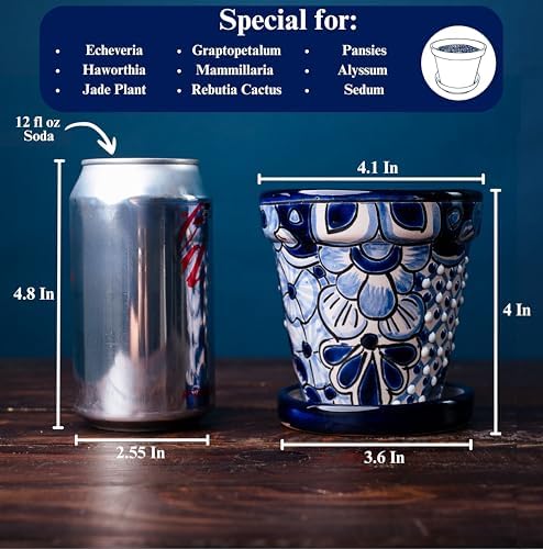 Talavera Planter - Mexican Ceramic Pot with Drainage (White & Blue-Small) - Image 3