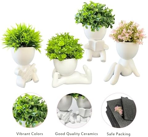 4 Packs Creative Small Fake Plants Artificial Succulents in Ceramic Human Shaped Pots Cute Office Plants For Desk Home Decor Funny Premium Ceramic Faux Succulent Perfect Humorous Gift Idea (4, white) - Image 4