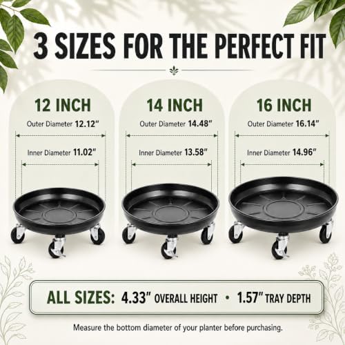 Choclaif 3 Pack Plant Caddy with Wheels, 12/14/16 Inch Heavy Duty Metal Rolling Plant Stands for Large Pots, Indoor & Outdoor, Black - Image 2