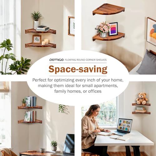 Demigo Round Floating Corner Shelves, Natural Acacia Wall Shelf, Set of 2 - Image 6