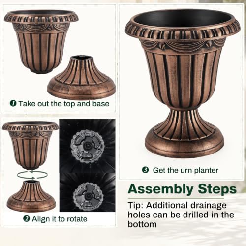 Zhehao 4 Pcs 10 x 12 Inches Brushed Copper Plastic Urn Planter Classic Flower Pots Front Porch Planters Indoor Outdoor Planters with Pedestal for Wedding Party Bridal Shower Garden Patio Porch - Image 4