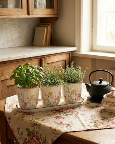vensovo Ceramic Planter Set with Tray, 3 Small Herb Pots, Meadow Floral - Image 6