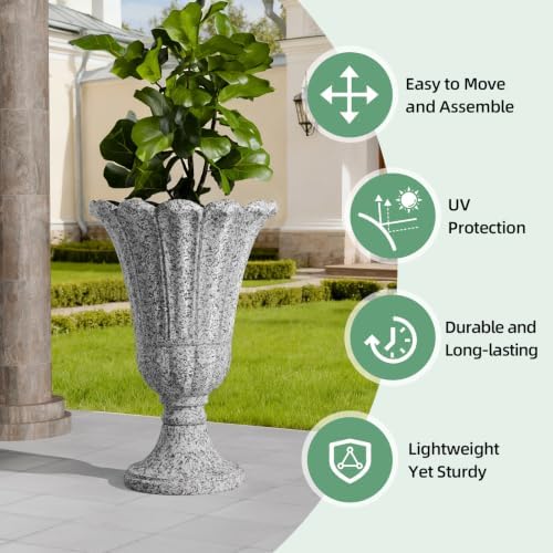 Tall Plastic Urn Planters and Pedestal - 24" Outdoor Planter Grey - Image 6