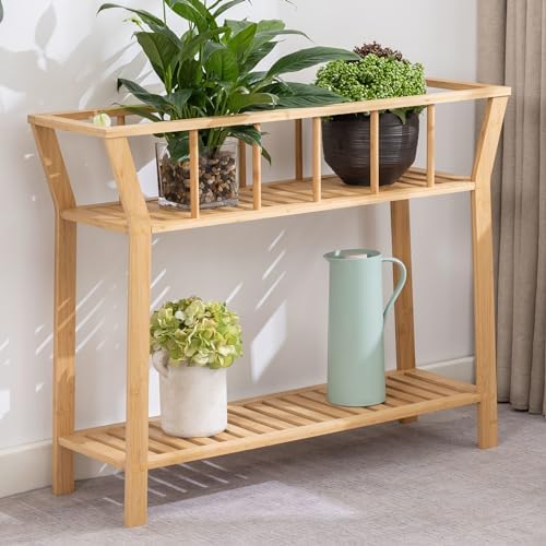 Nnewvante Bamboo Plant Stand Indoor 37.4"x11" 2 Tier Tall Organizer Shelf by Nnewvante