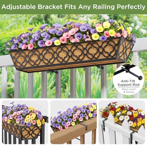 Y&M 6Pcs 30 Inch Large Window Box Railing Planter with Coco Liner, Outdoor Window Flower Boxes Over The Railing Planter Boxes Deck Fence Porch Patio Planter - Image 2