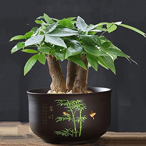 Bamboo Ceramic Planter New Chinese Zen Potted Flower Pot, Hand-Painted Bamboo Bird Round Succulent Planter, with Drainage Hole Desktop Bonsai Planter,19 * 11CM - Image 3