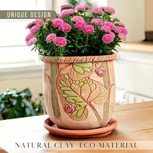 STP GOODS Ceramic Pot with Drainage Hole and Saucer, Plant Pots, Modern Decorative Planters for House Plants Indoor Flowers Plants, Cute Flower Pot - Gifts (Ladybugs (1.6 L)) - Image 4