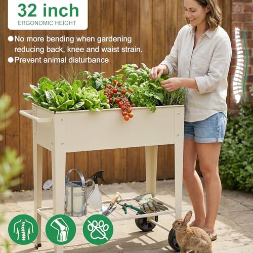 Elevated 32" Tall Raised Garden Bed with Legs and Wheels for Mobility, Metal Planter Boxes Outdoor with Shelf, Raised Bed for Gardening Vegetables/Herbs, Backyard, Patio, Balcony, White - Image 4